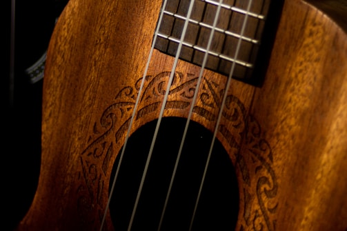 Close-up view of a wooden stringed instrument with intricate carvings around the soundhole. The image highlights the rich texture and craftsmanship of the wood.
