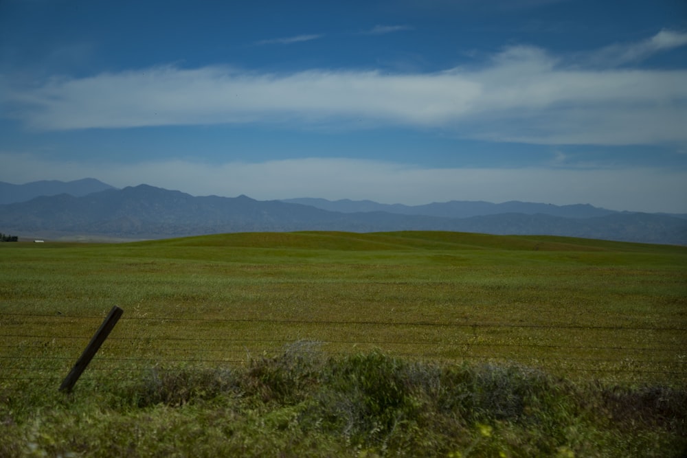 a large open field with mountains in the distance