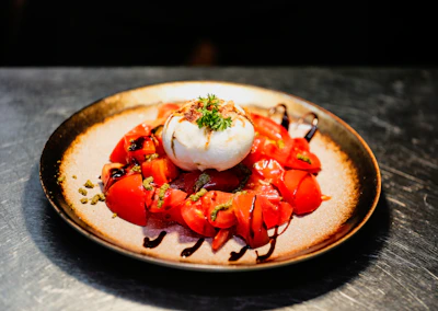 a plate of food on a wooden table