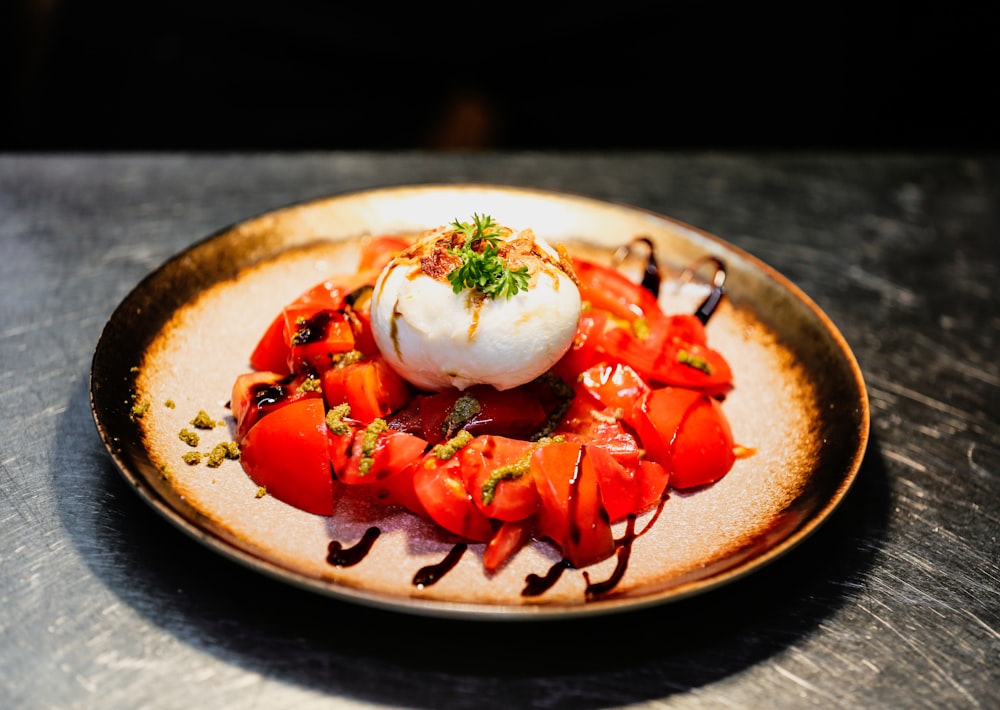 a plate of food on a wooden table