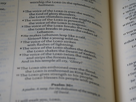 An open book with text visible on both pages. The blue and black text appears to include verses and religious references, indicating it might be a religious or spiritual text.