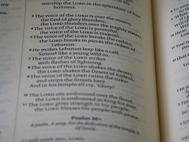 An open book with text visible on both pages. The blue and black text appears to include verses and religious references, indicating it might be a religious or spiritual text.