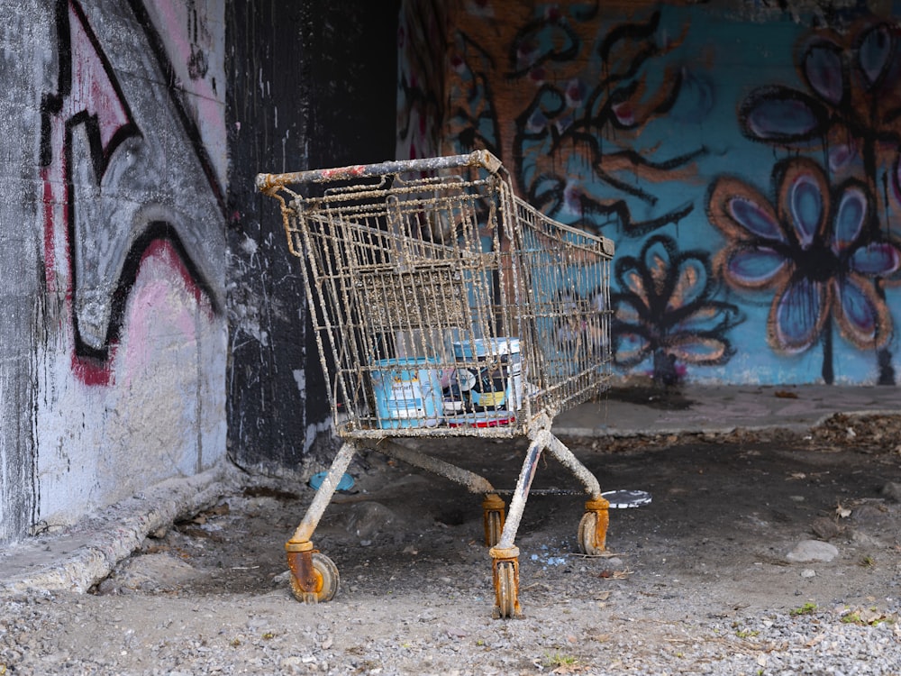 a shopping cart sitting in front of a graffiti covered wall