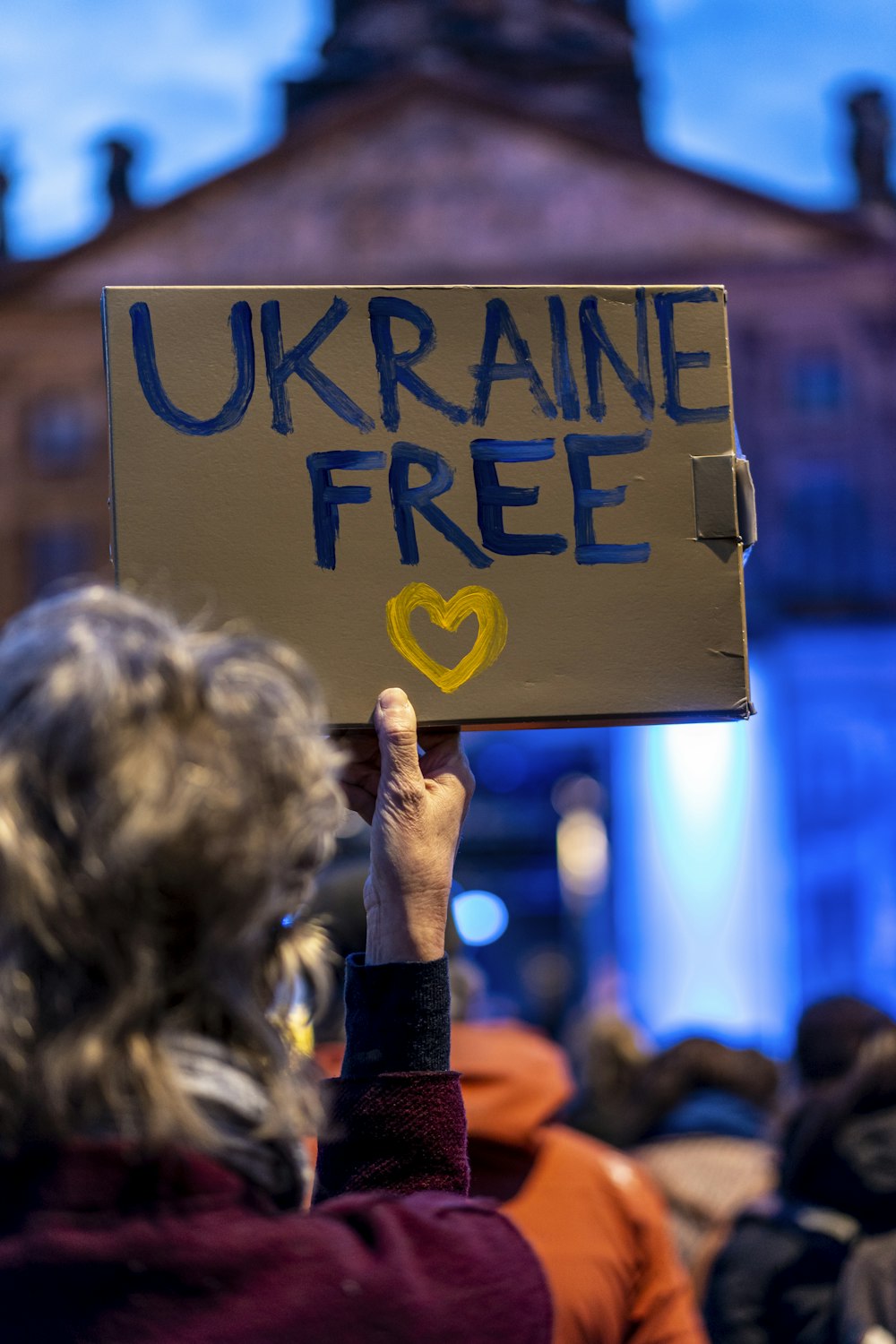 a person holding a sign that says ukraine free