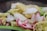 An assortment of colorful fried snacks, including various shapes and textures, predominantly in shades of yellow, white, and green, are laid out on a green surface. Some snacks have a red-pink tint, adding vibrancy to the mix.