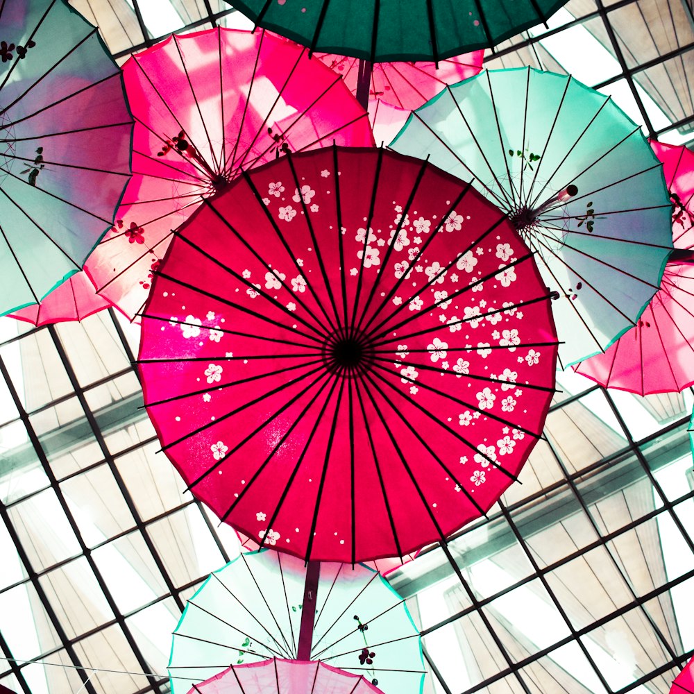 a group of colorful umbrellas hanging from the ceiling