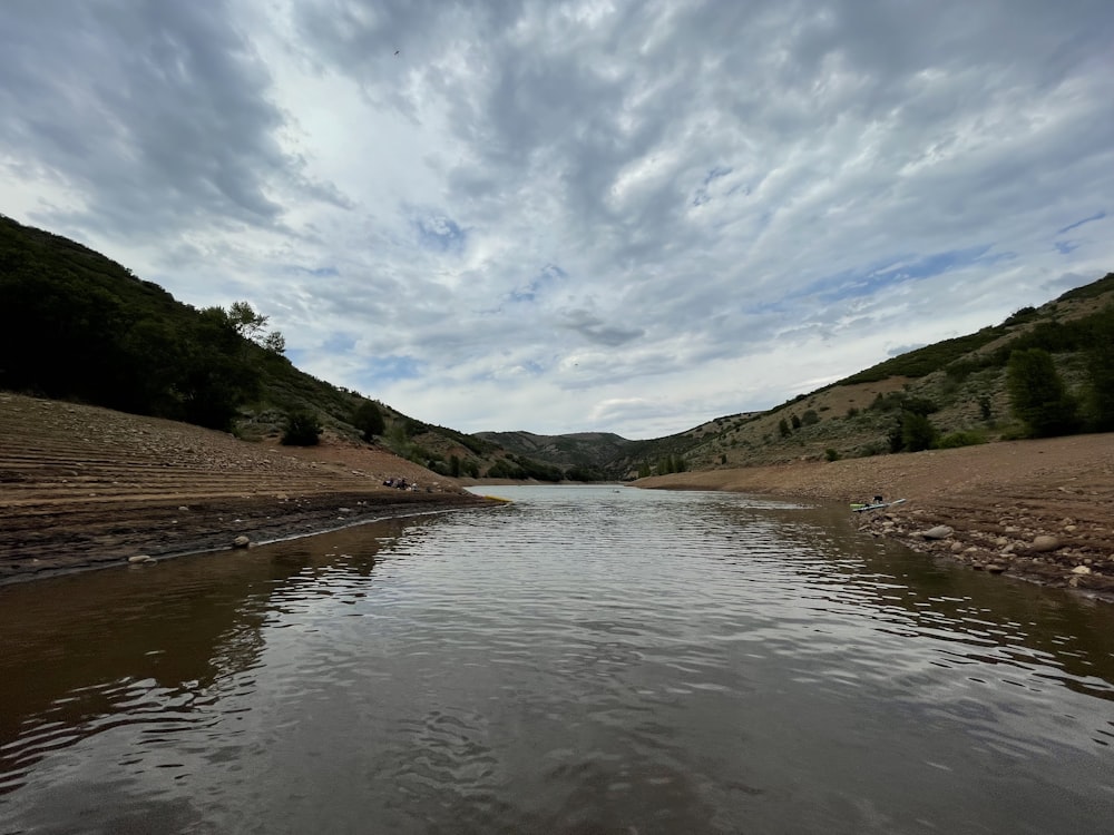 a body of water surrounded by mountains under a cloudy sky