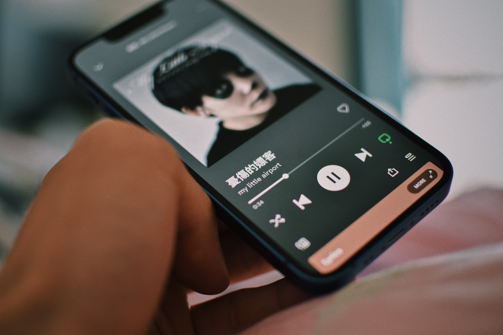 a person holding a cell phone with a music player on it