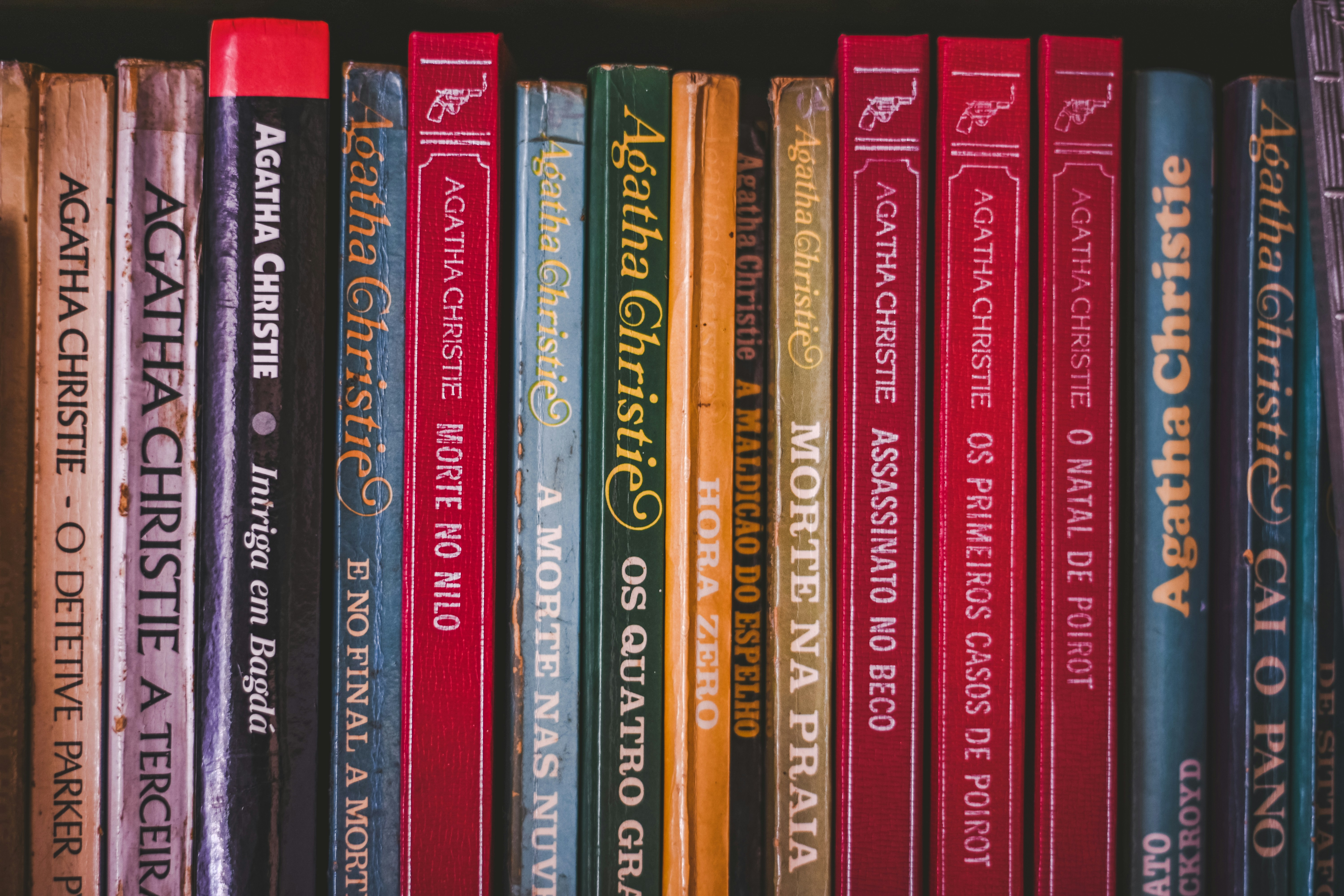 A shelf of Agatha Christie books.