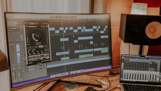 a laptop computer sitting on top of a wooden desk