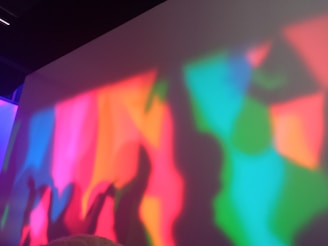 Colorful silhouettes are projected onto a wall, creating a vivid interplay of rainbow hues. The shapes are abstract and organic, combining sharp edges with softer transitions, suggesting movement and energy.