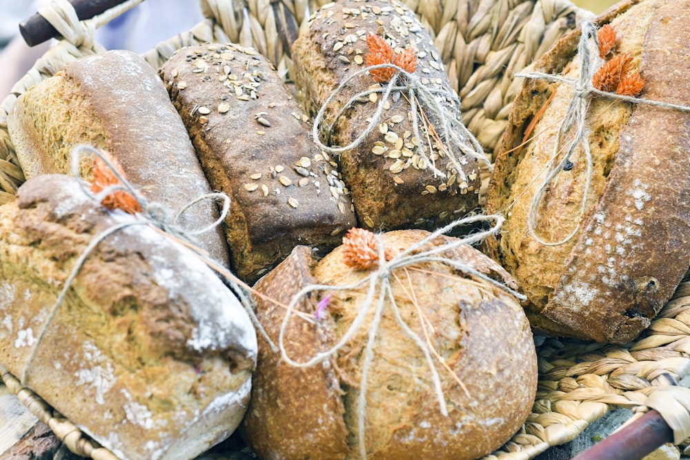 a basket filled with loaves of bread