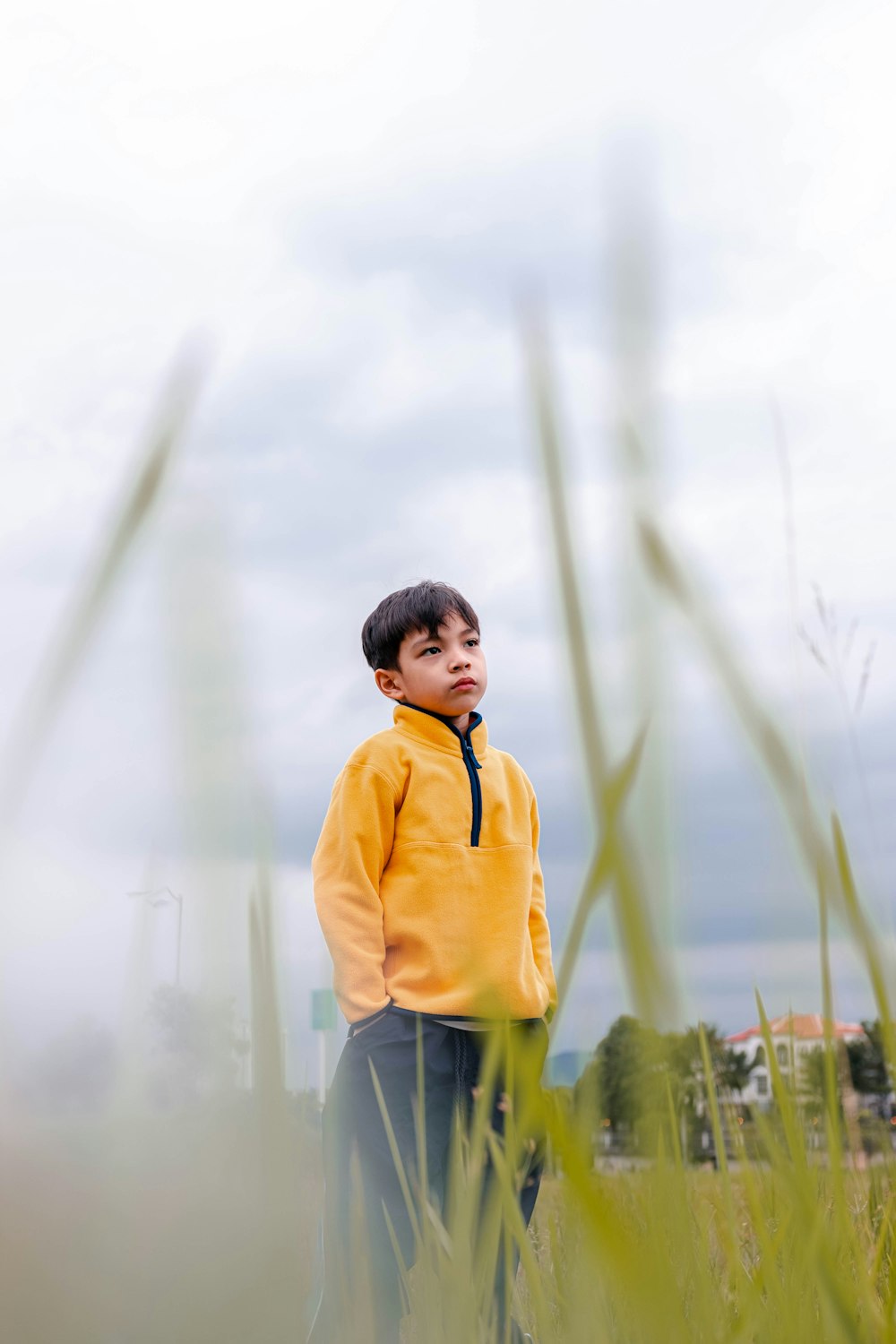 a young boy standing in a field of tall grass