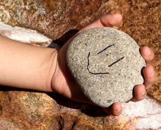 a hand holding a rock with a smiley face drawn on it