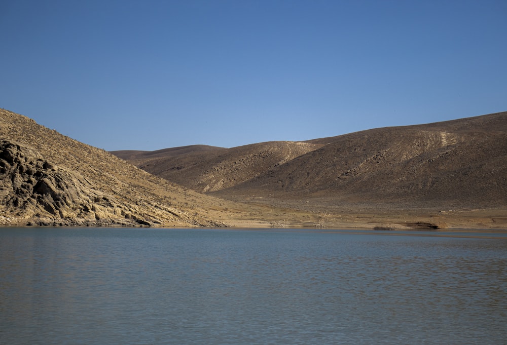 a body of water surrounded by mountains in the desert