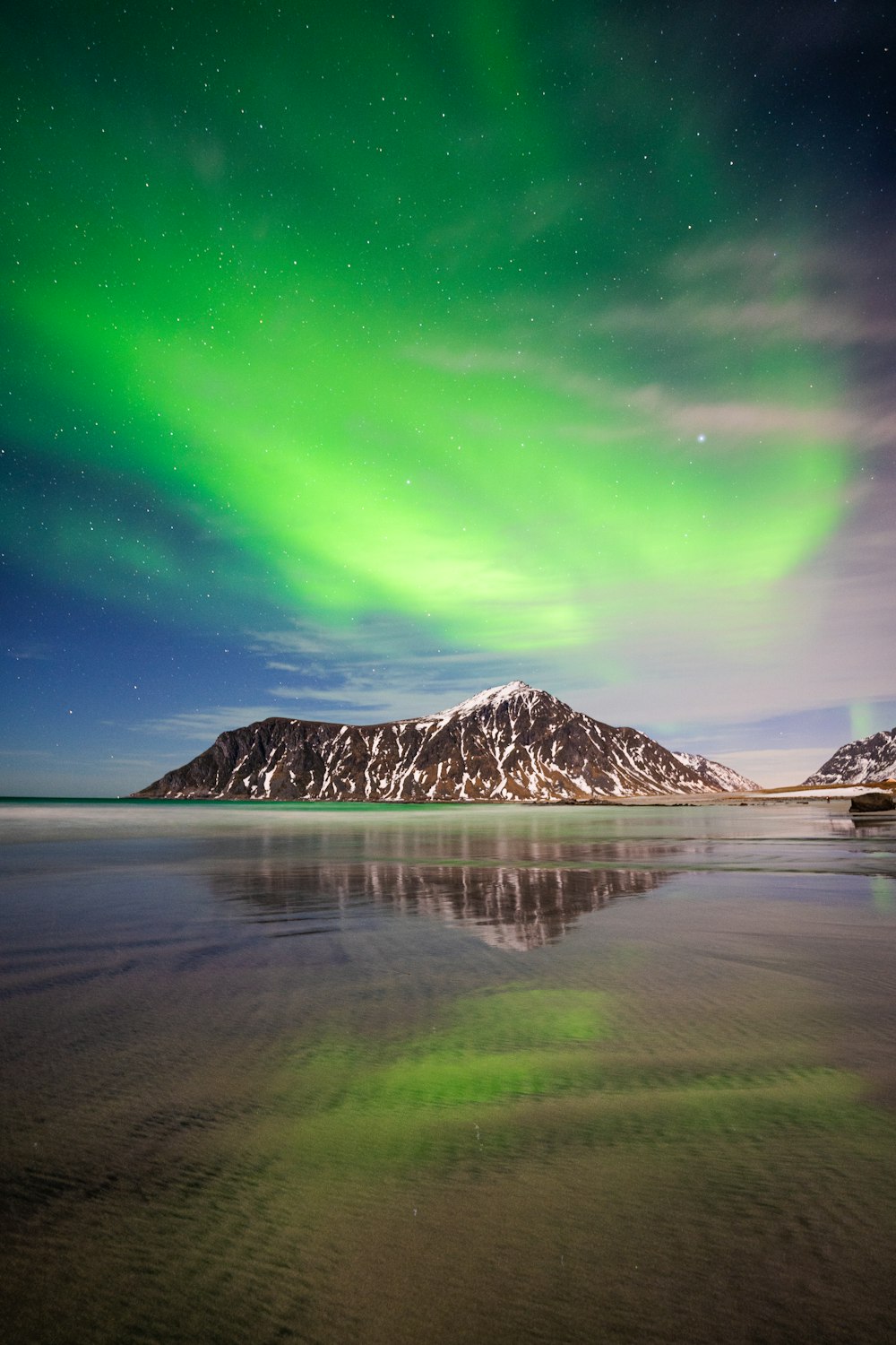 a green and white aurora bore over a mountain