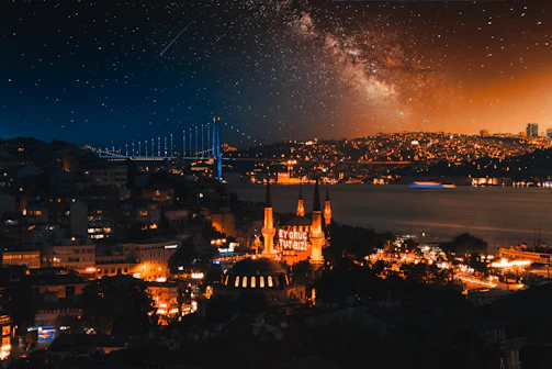 City lights twinkling over Istanbul’s skyline, with the silhouette of mosques against a deep blue night.