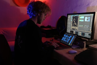 A person with curly hair is sitting at a desk using a laptop and a desktop monitor. The room is dimly lit with reddish ambient lighting. The screens display a music production software with various controls and graphics.