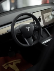 a car dashboard with a steering wheel and a display screen