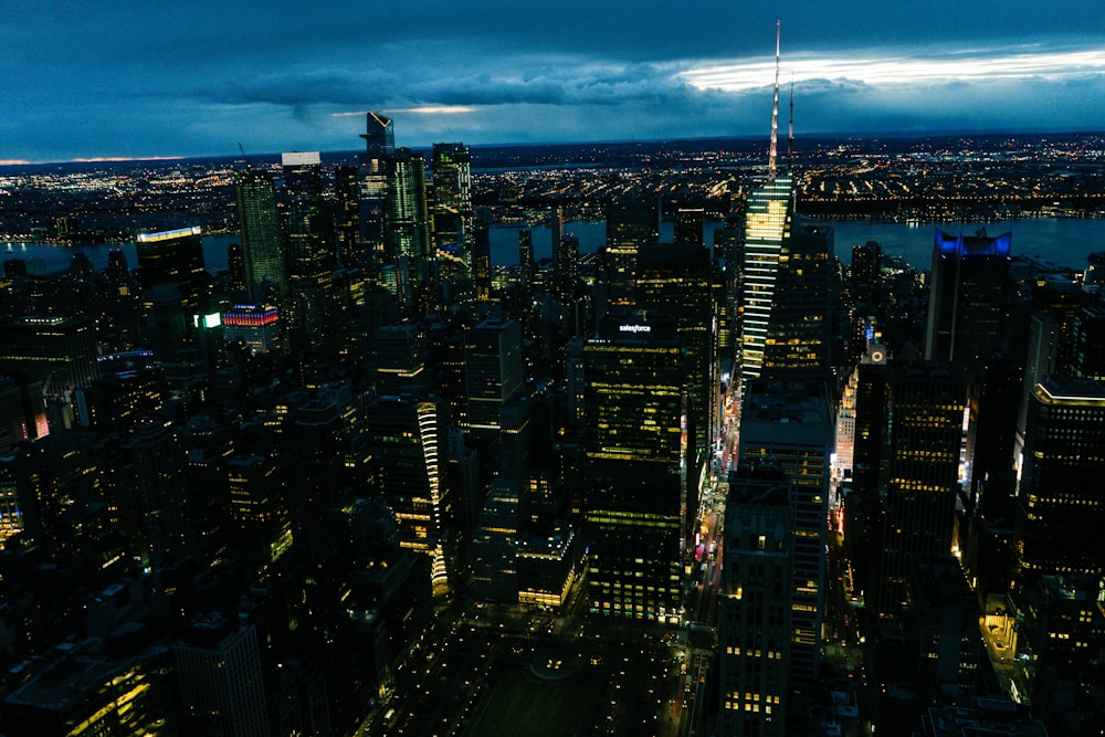 an aerial view of a city at night