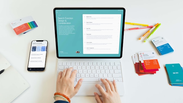 A person is using a tablet with a keyboard on a desk. The tablet displays a screen about search function design and considerations. Nearby, there is a smartphone showing some exploration and creation options. Various colorful cards and pens are scattered on the white surface.