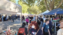 A bustling outdoor market scene with numerous stalls and tents shaded by leafy trees. People of various ages, some wearing masks, browse and walk around. Merchandise such as bags and lotions are displayed for sale, and there is a sense of community interaction.