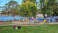 A vibrant park scene by a waterfront with several people enjoying the outdoors. There's a play area with slides and climbing structures, surrounded by trees. A group of three people is having a picnic on the grass in the foreground. Nearby, children are playing and adults are seated on benches. The background features a body of water, with a fence separating the park from the shoreline.