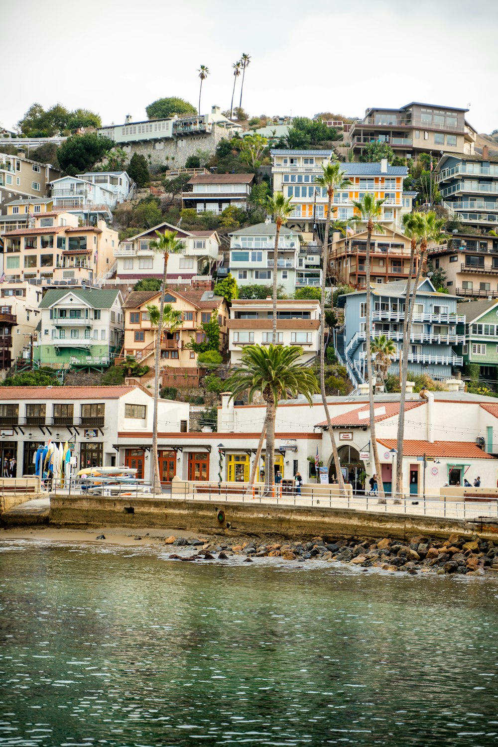 a group of houses on a hill next to a body of water