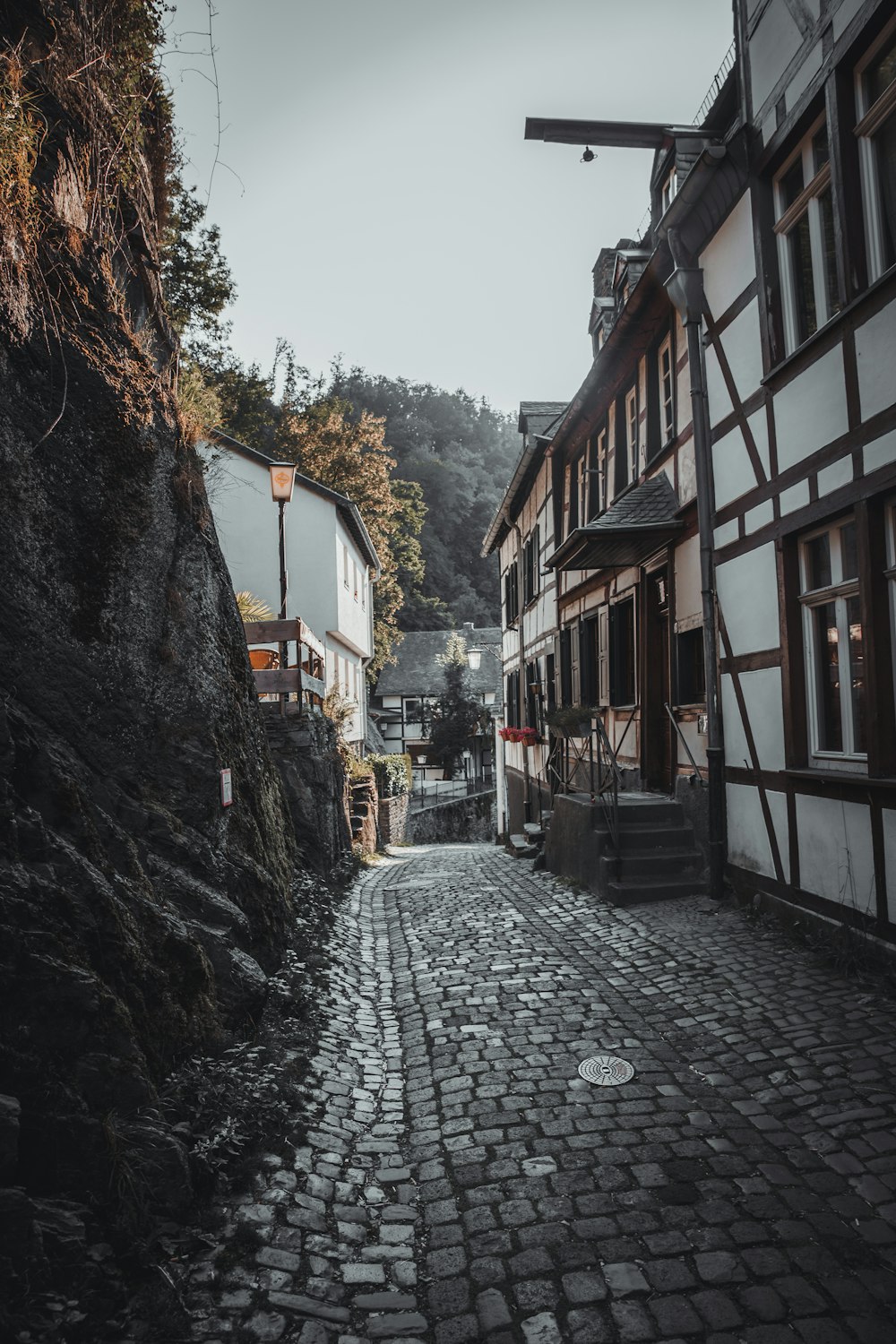 a cobblestone street in a small village