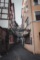 Historic cobblestone alleyway lined with charming cafes and flower boxes.