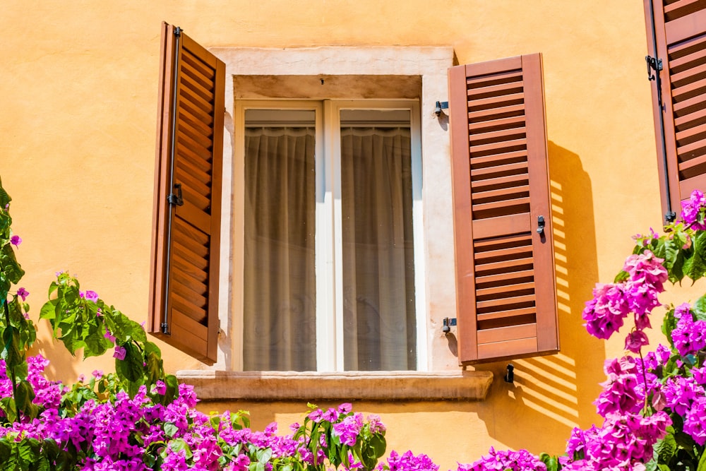 ein gelbes Gebäude mit roten Fensterläden und lila Blumen