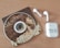 A CD with art featuring a person and text on it is placed on a wooden surface. Next to it are a pair of wireless earbuds and a charging case labeled with 'music: ON world: OFF'.