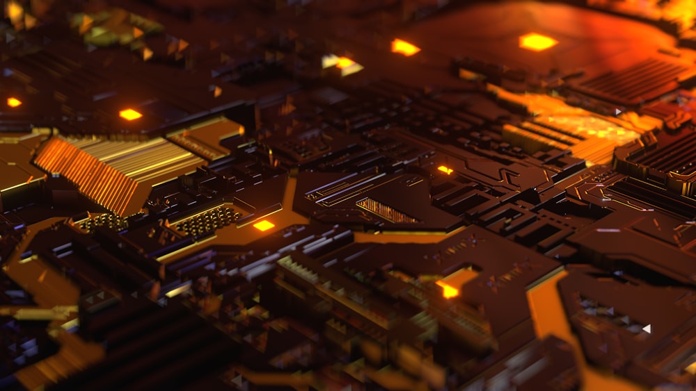 a close up of a computer motherboard with yellow lights