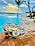 A hand holds a plate of oysters on ice, garnished with herbs and a lemon wedge, against the backdrop of a serene poolside setting. The pool borders a wooden deck that leads to a sandy beach with gentle ocean waves under a partly cloudy sky. Palm trees and thatched umbrellas add to the tropical ambiance.