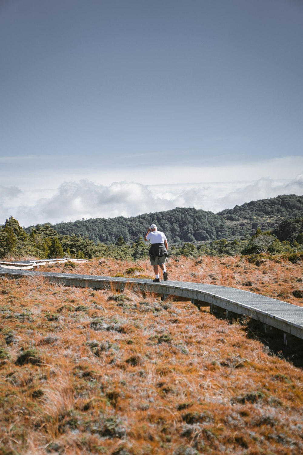 a man walking up a hill on a trail