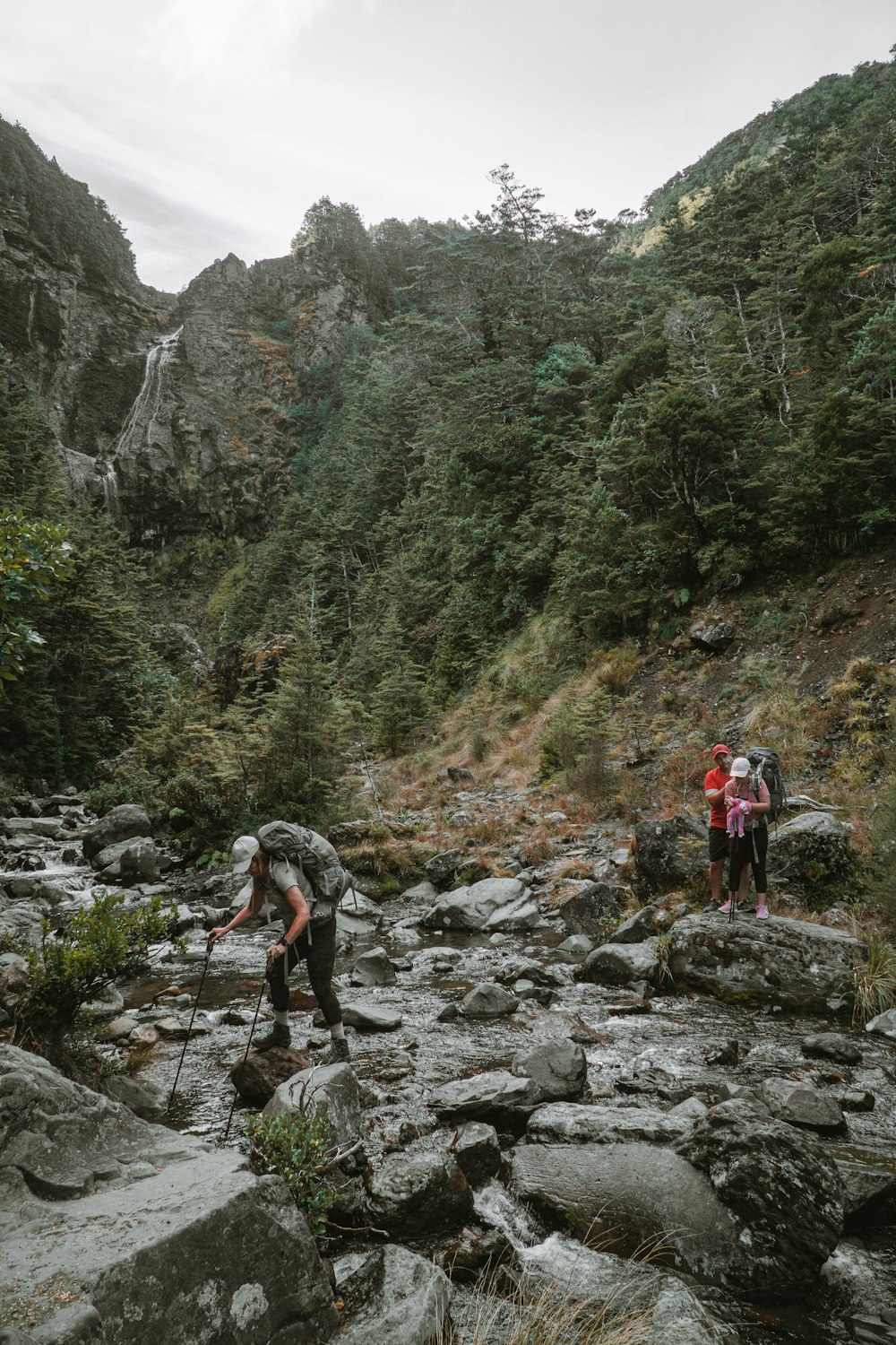 a couple of people walking across a rocky river