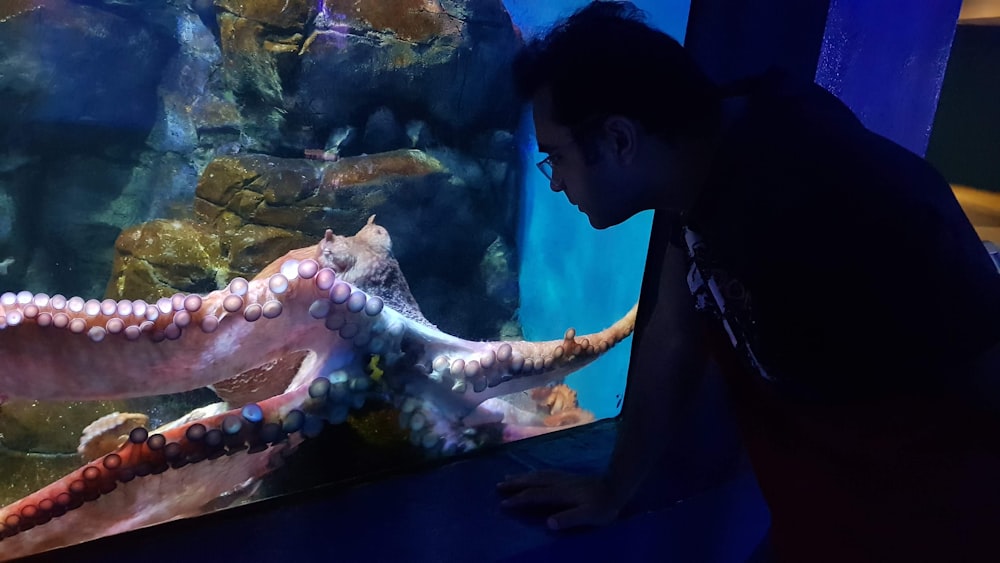 a man looking at an octopus in an aquarium