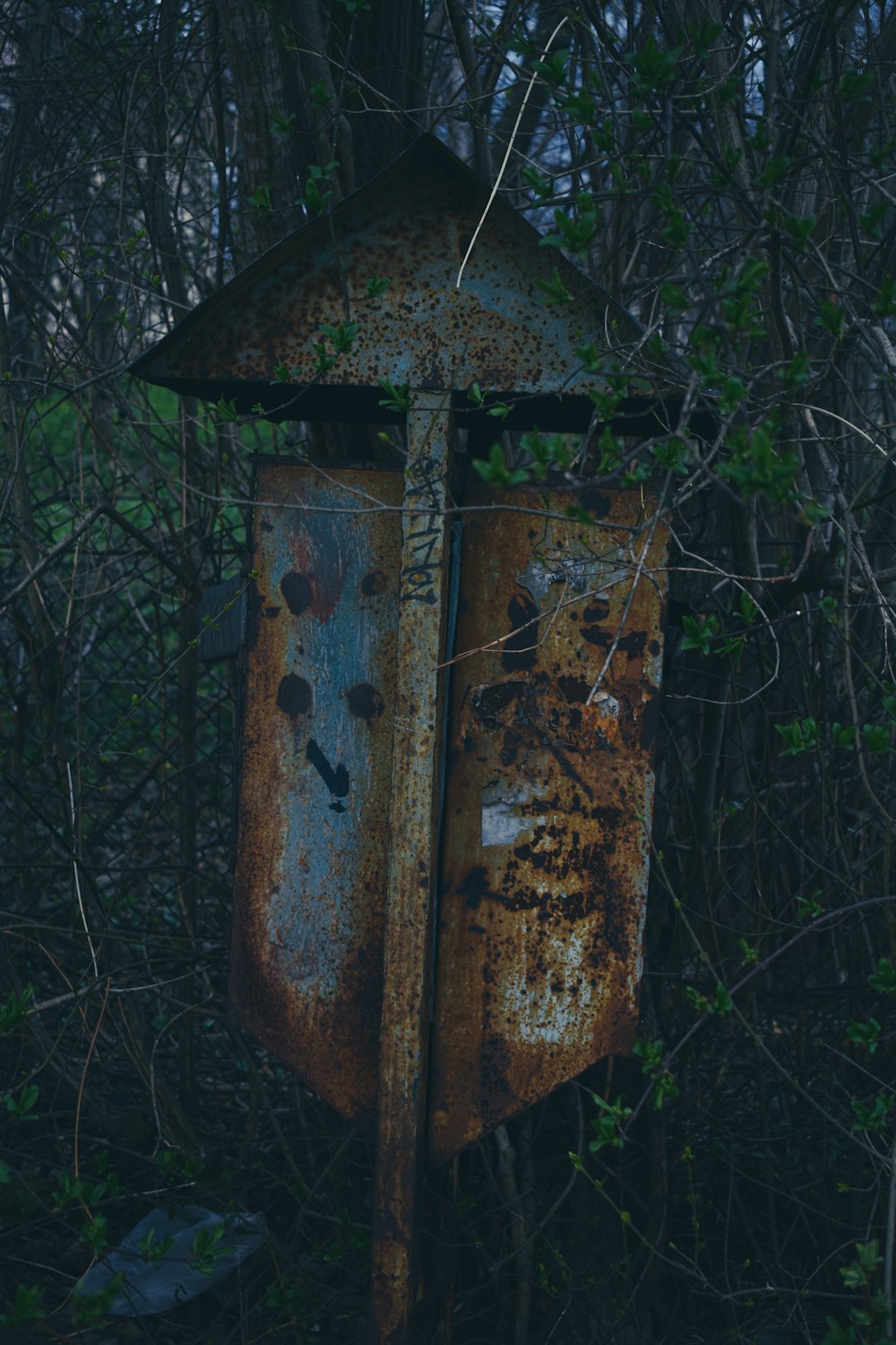 an old rusted out outhouse in the woods