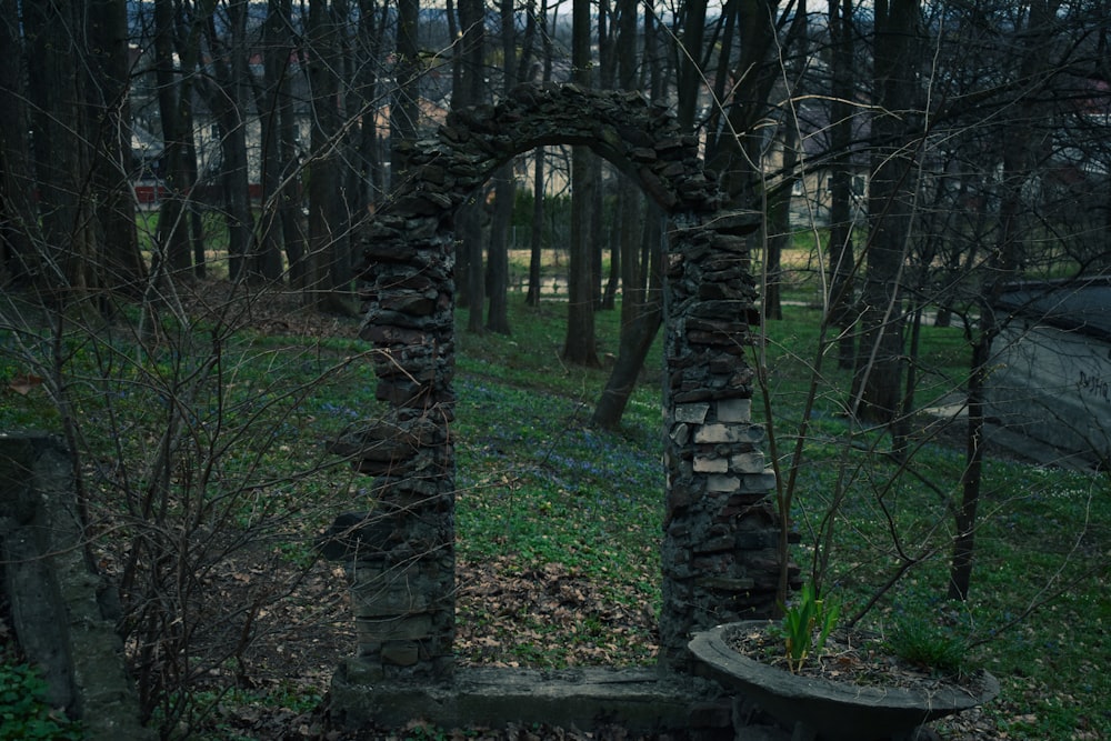 a stone arch in the middle of a forest