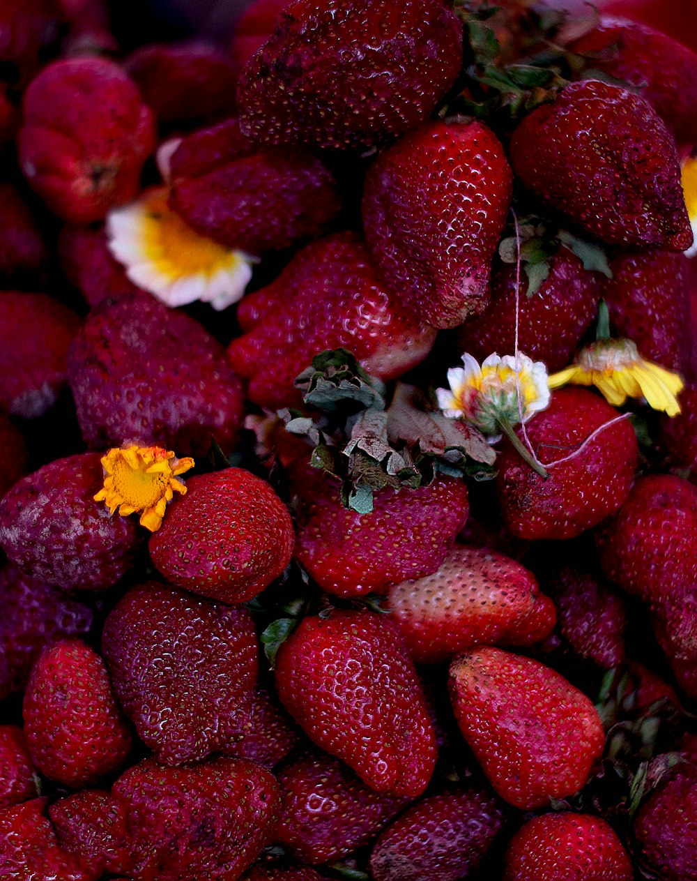 a pile of strawberries with flowers on top of them