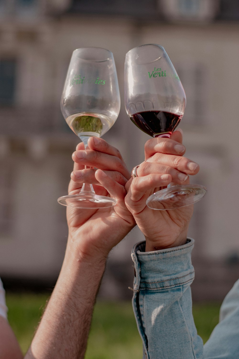 a couple of people holding up wine glasses