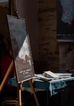 a sign sitting on top of a wooden easel