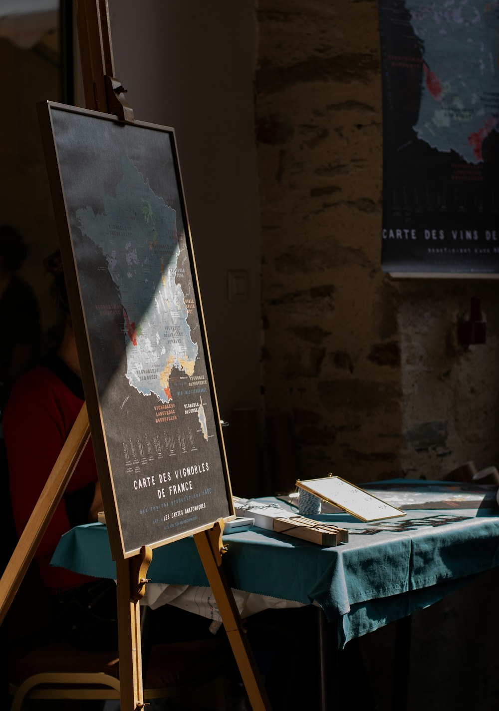 a sign sitting on top of a wooden easel