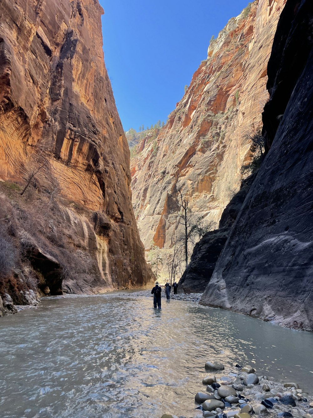 two people are wading through a narrow canyon