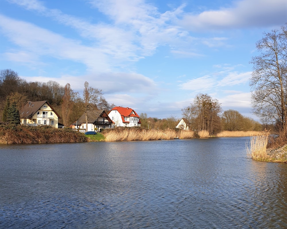 a body of water with houses in the background