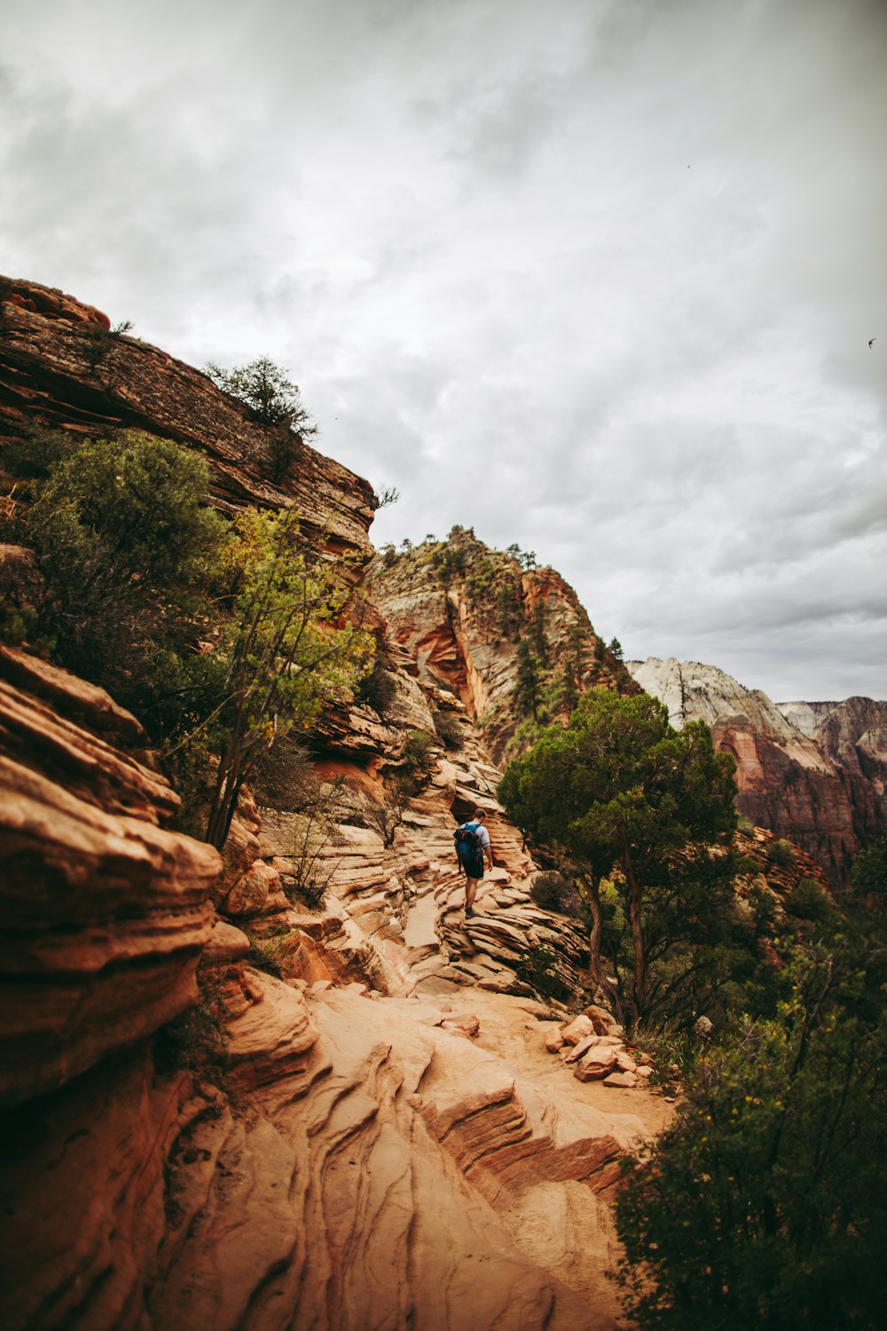 a man hiking up a rocky trail in the mountains