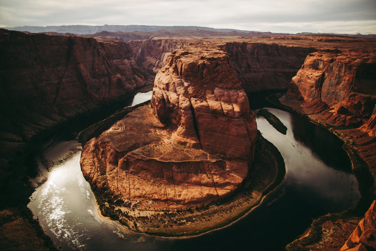The Colorado River winding through the desert near Horseshoe Bend, Arizona.