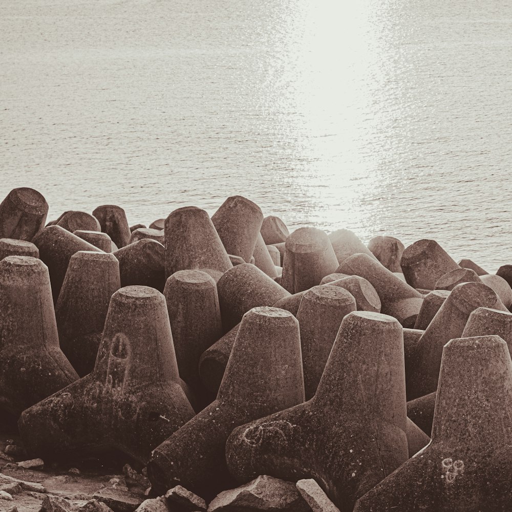 Une photo en noir et blanc de roches et d’eau