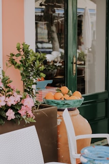A sunny porch scene with potted plants, a comfortable chair, and a basket of household essentials ready for use.