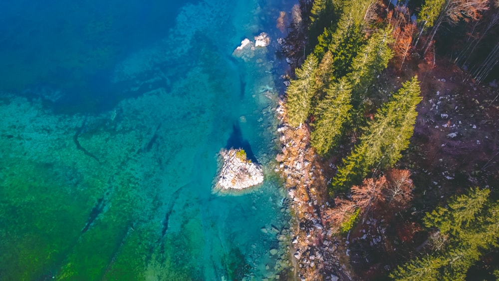 an aerial view of a body of water surrounded by trees